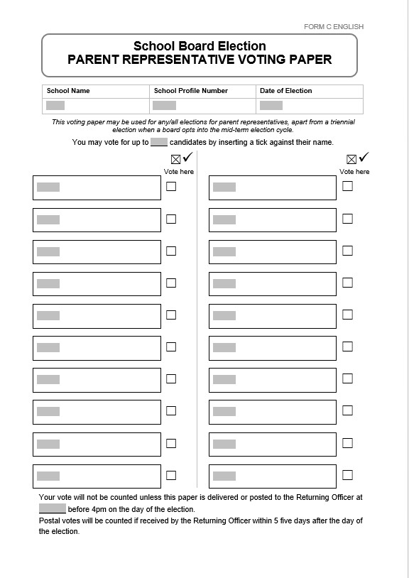 Form C in English: School Board Election Parent Representative Voting Paper. For use in all elections for parent representatives, except when a board opts into the mid-term election cycle in a triennial election year.