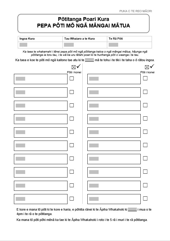 Form C in Te Reo Māori: School Board Election Parent Representative Voting Paper. For use in all elections for parent representatives, except when a board opts into the mid-term election cycle in a triennial election year.