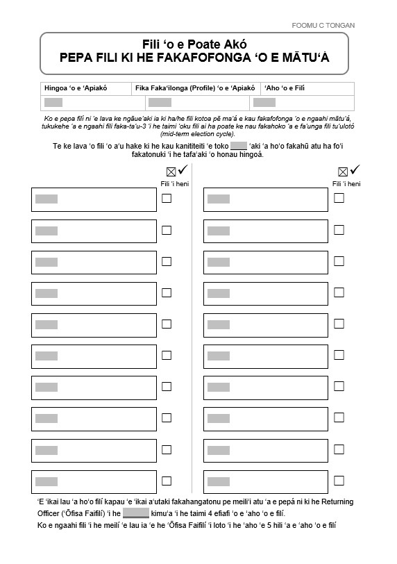 Form C in Tongan: School Board Election Parent Representative Voting Paper. For use in all elections for parent representatives, except when a board opts into the mid-term election cycle in a triennial election year.