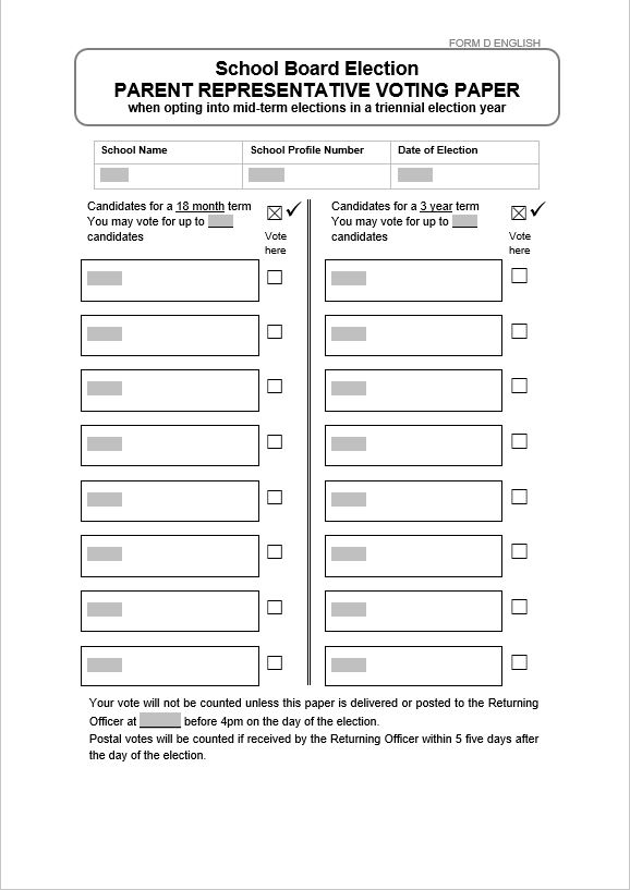 Form D in English: School Board Election Parent Representative Voting Paper. For use for elections for parent representatives when a board opts into the mid-term election cycle in a triennial election year.