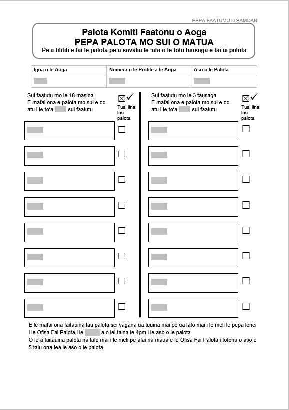 Form D in Samoan: School Board Election Parent Representative Voting Paper. For use for elections for parent representatives when a board opts into the mid-term election cycle in a triennial election year.