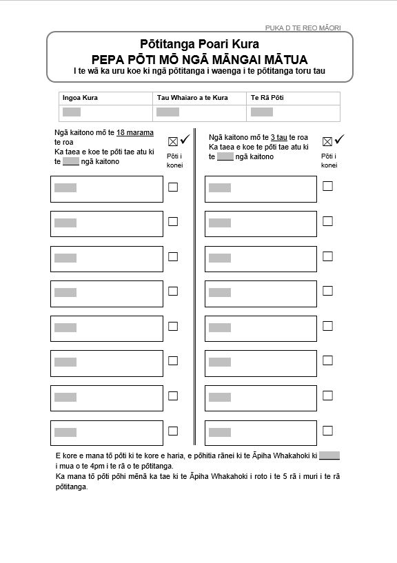Form D in Te Reo Māori: School Board Election Parent Representative Voting Paper. For use for elections for parent representatives when a board opts into the mid-term election cycle in a triennial election year.
