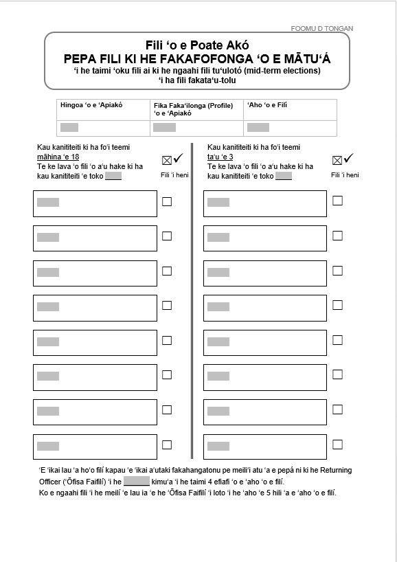 Form D in Tongan: School Board Election Parent Representative Voting Paper. For use for elections for parent representatives when a board opts into the mid-term election cycle in a triennial election year.