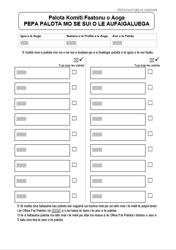 Form E in Samoan: School Board Election Staff Representative Voting Paper, for use in all elections for staff representatives.