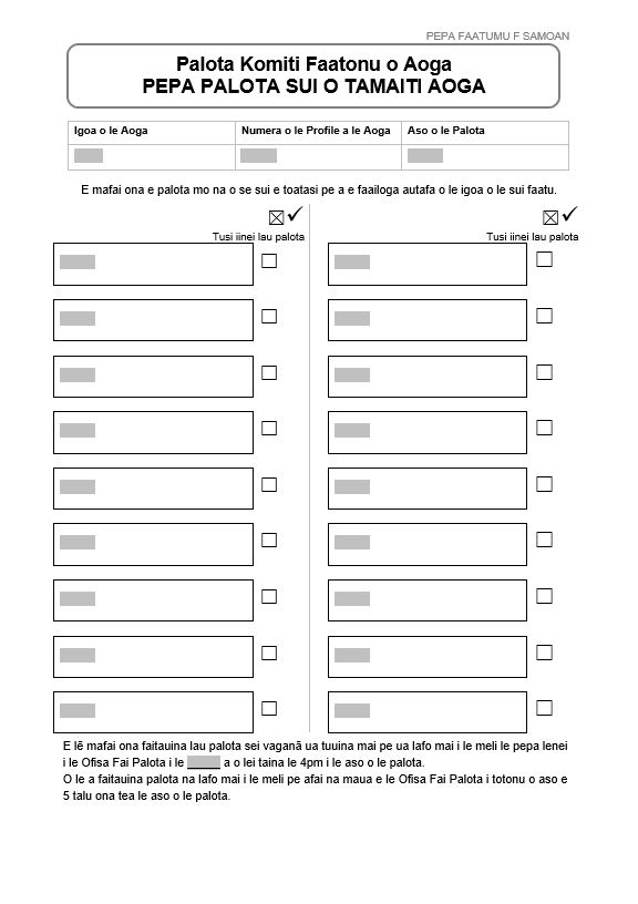 Form F in Samoan: School Board Election Student Representative Voting Paper, for use in all elections for student representatives.