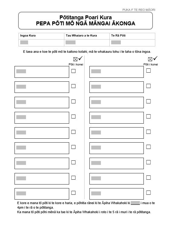 Form F in Te Reo Māori: School Board Election Student Representative Voting Paper, for use in all elections for student representatives.
