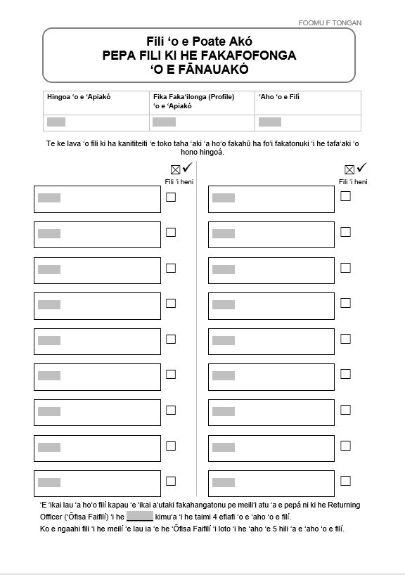 Form F in Tongan: School Board Election Student Representative Voting Paper, for use in all elections for student representatives.