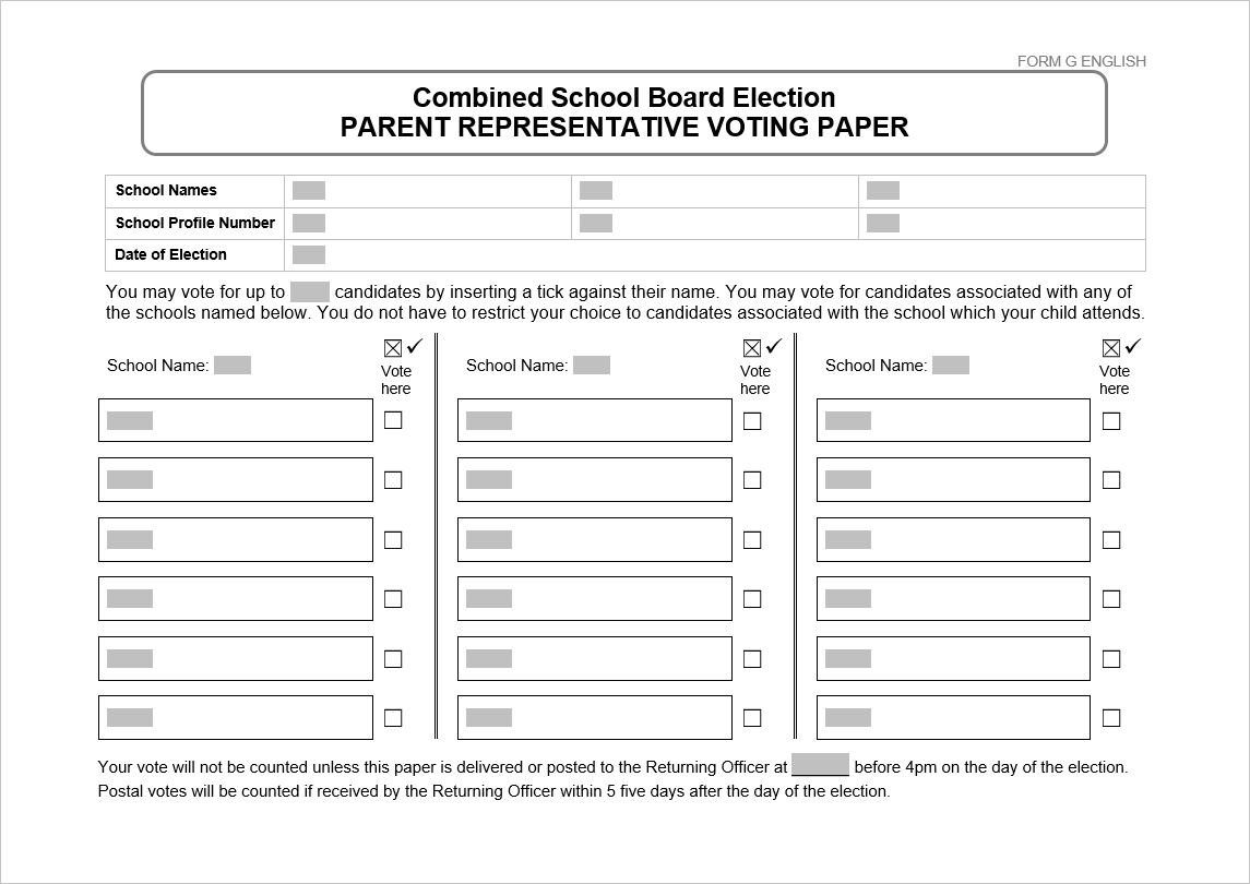 Form G in English: School Board Election Parent Representative Voting Paper, for use in elections for parent representatives, for combined boards