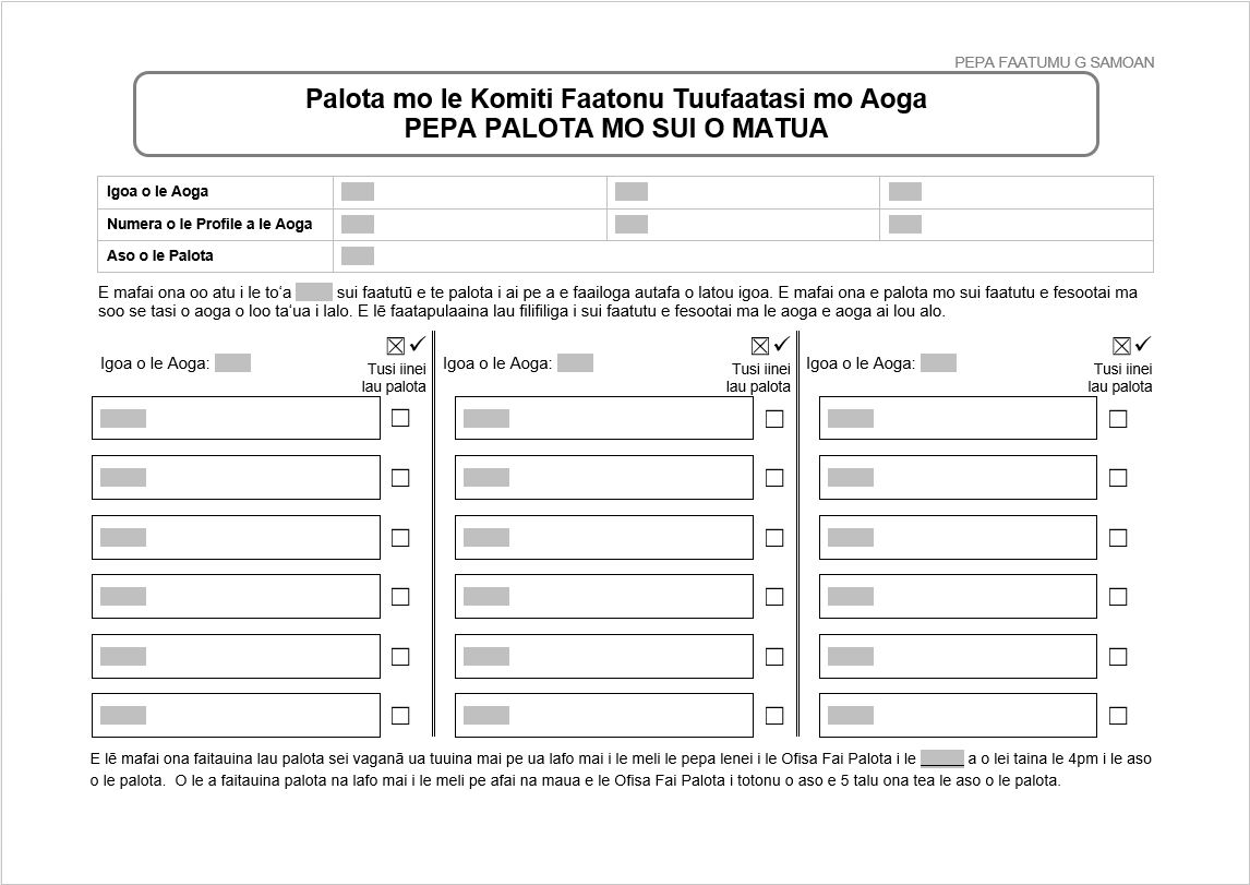 Form G in Samoan: School Board Election Parent Representative Voting Paper, for use in elections for parent representatives, for combined boards