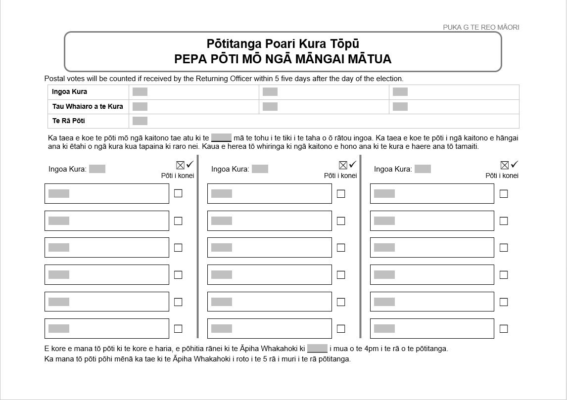 Form G in Te Reo Māori: School Board Election Parent Representative Voting Paper, for use in elections for parent representatives, for combined boards