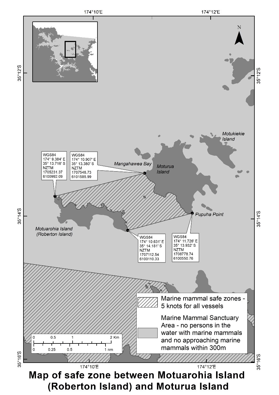 Map of zone  between Motuarohia Island (Roberton Island) and Moturua Island